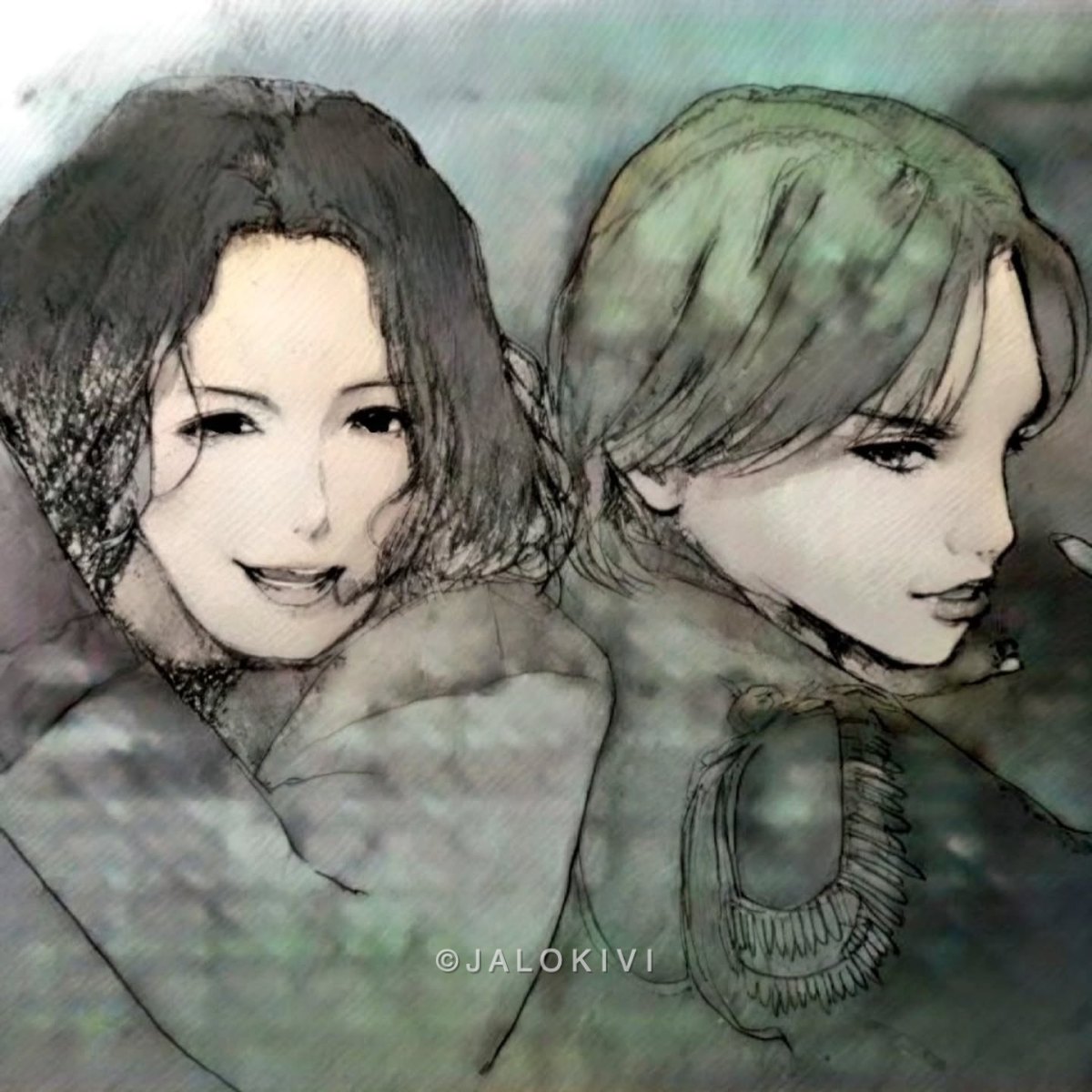寄り添う二人の人物画
